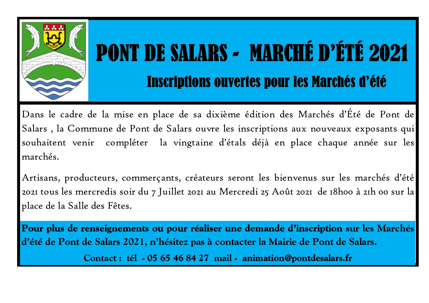 Lire la suite à propos de l’article Pont de Salars – Marchés d’été 2021 – inscriptions ouvertes aux exposants