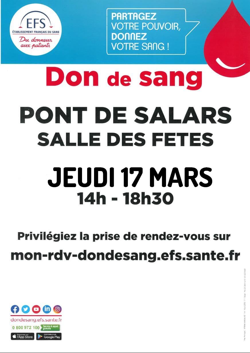 Lire la suite à propos de l’article Don du sang à la Salle des Fêtes de Pont de Salars le Jeudi 17 Mars de 14h00 à 18h30.