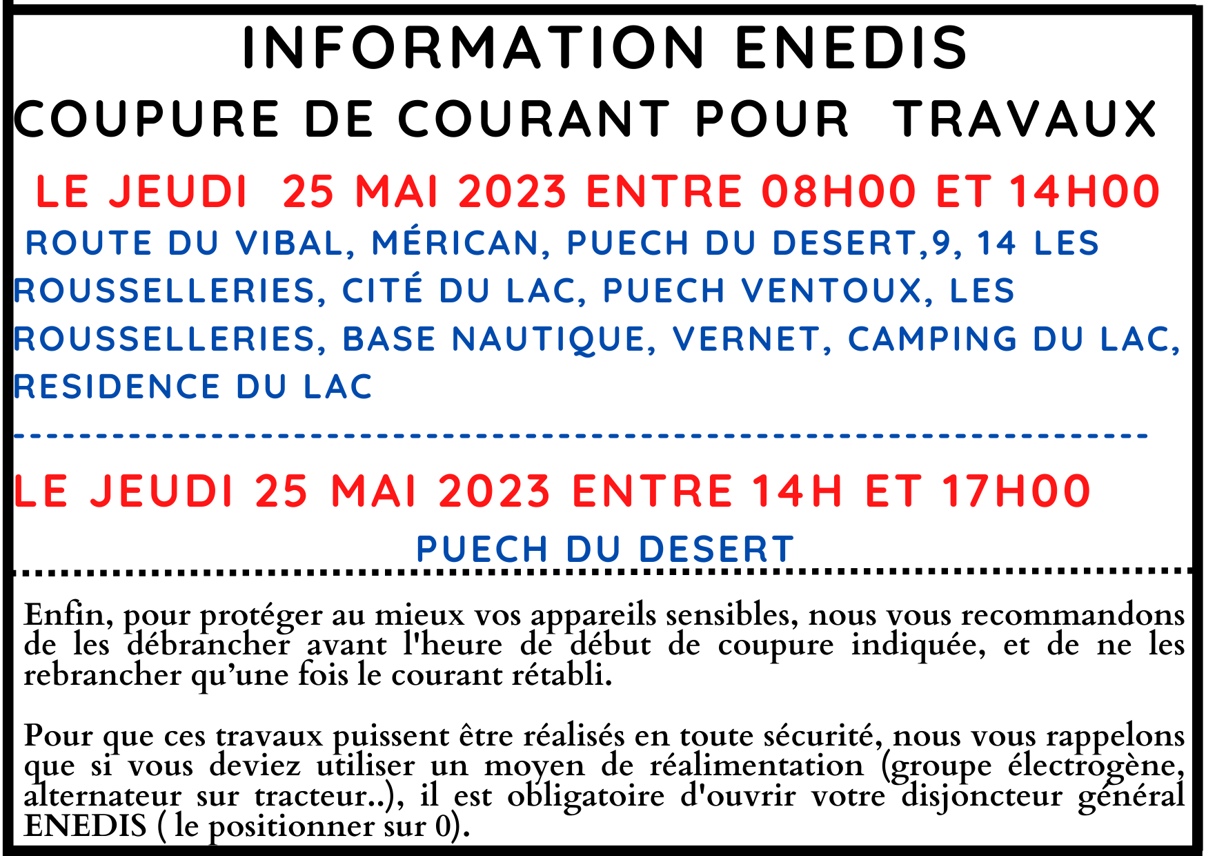 Lire la suite à propos de l’article COUPURE DE COURANT POUR TRAVAUX LE JEUDI 25 MAI 2023