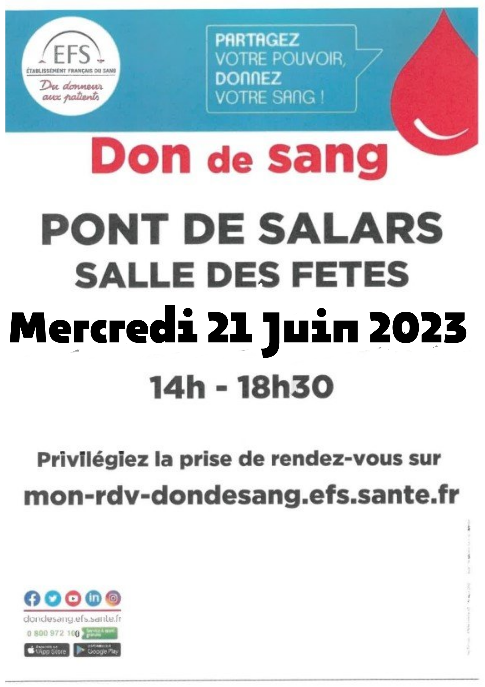 Lire la suite à propos de l’article don du sang Mercredi 21 Juin 2023