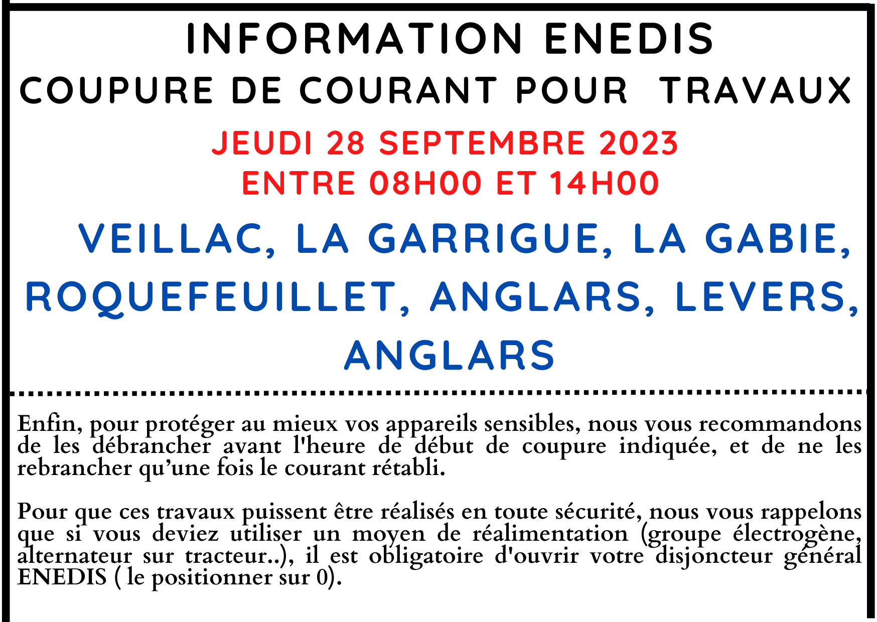 Lire la suite à propos de l’article Coupure de courant le Jeudi 28 septembre 2023