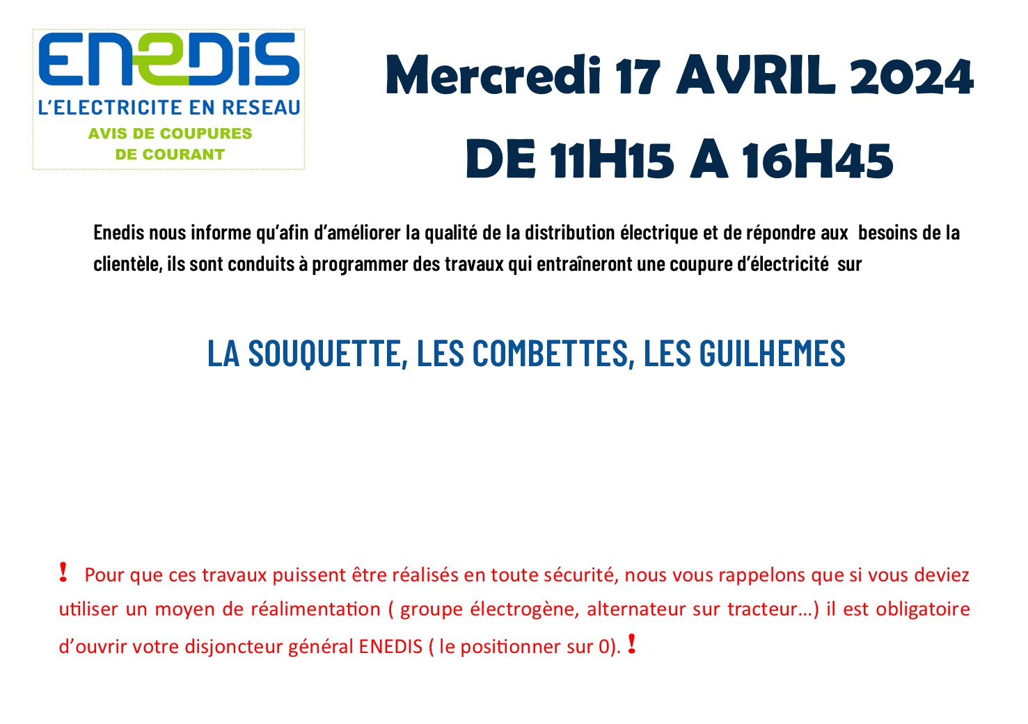 Lire la suite à propos de l’article Coupure de courant le 17 Avril 2024.